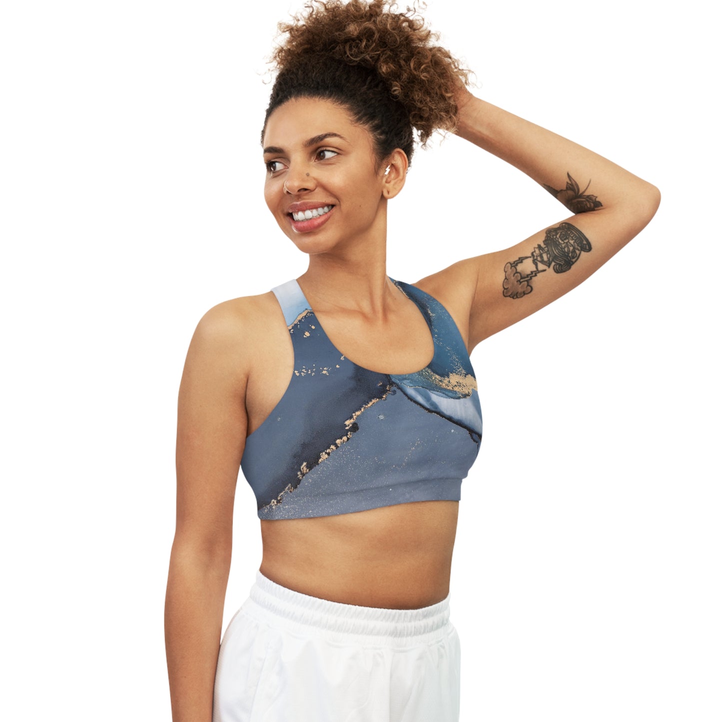 Blue Drawing Seamless Sports Bra (AOP)