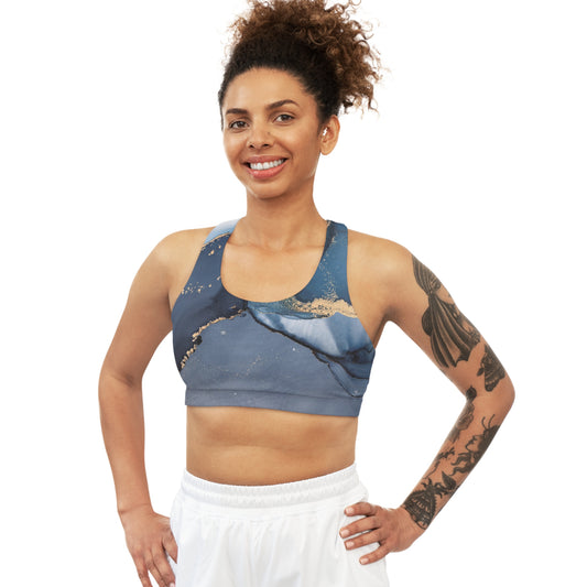 Blue Drawing Seamless Sports Bra (AOP)