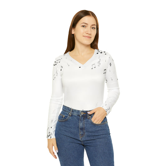 Musical notes Women's Long Sleeve V-neck Shirt (AOP)